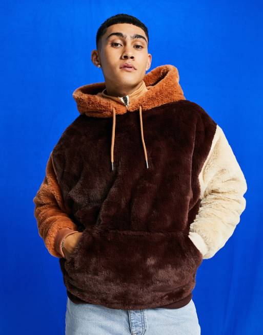 ASOS DESIGN oversized faux fur hoodie in color block browns ASOS