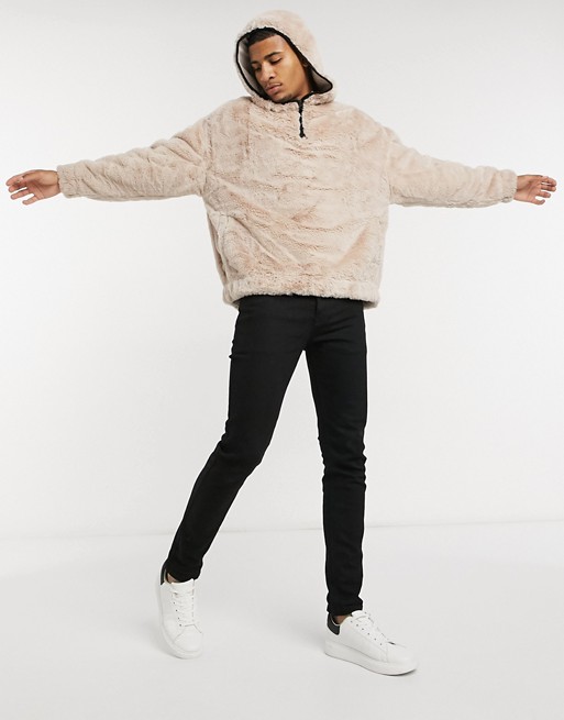 ASOS DESIGN oversized faux fur hoodie in creamy beige with binding & high neck