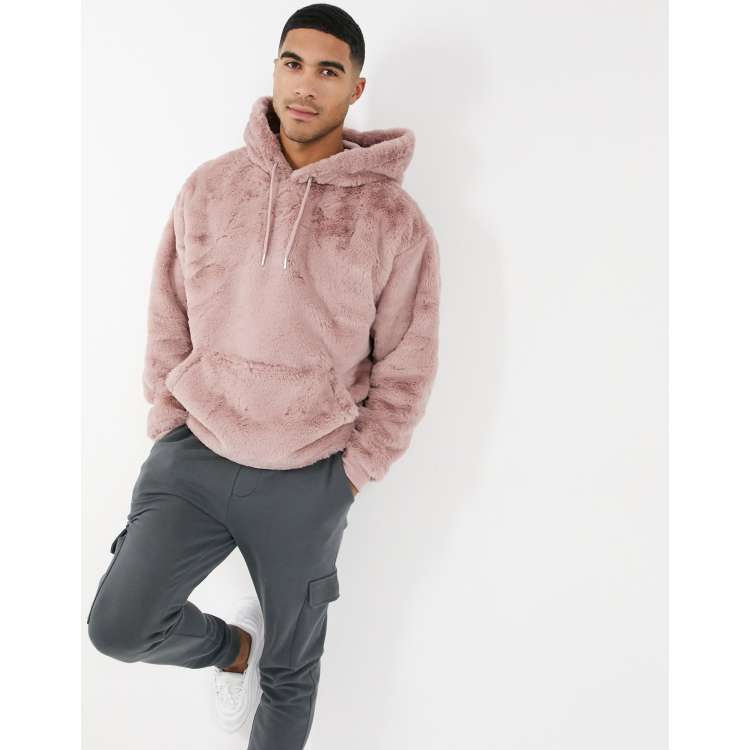 ASOS DESIGN oversized faux fur hoodie in dusty pink