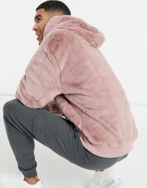 ASOS DESIGN oversized faux fur hoodie in dusty pink