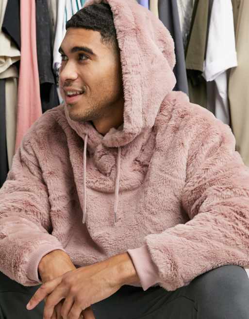 ASOS DESIGN oversized faux fur hoodie in dusty pink