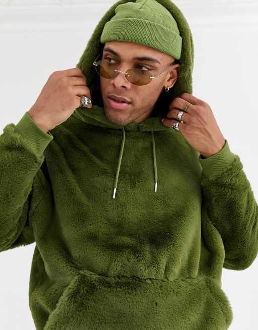 COLLUSION knitted hoodie with faux fur trim in khaki