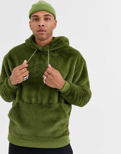 ASOS DESIGN oversized faux fur hoodie in khaki