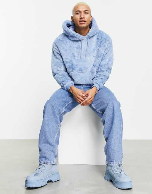 ASOS DESIGN oversized faux fur hoodie in pastel blue