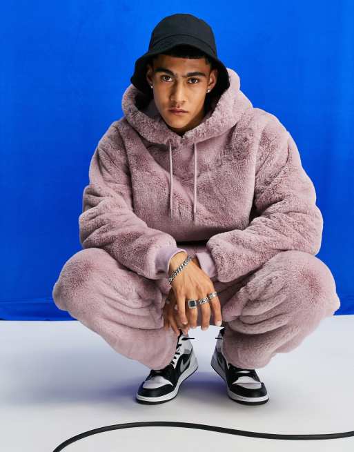 ASOS DESIGN oversized faux fur hoodie and sweatpants set in pink