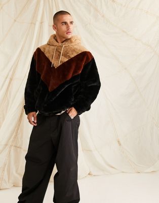 ASOS DESIGN oversized faux fur hoodie with brown colourblock - ASOS Price Checker