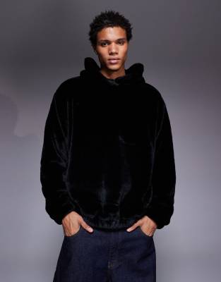 Asos Design Oversized Faux Fur Hoodie With Side Entry Pockets In Black