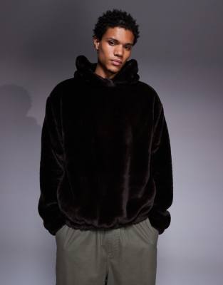 Asos Design Oversized Faux Fur Hoodie With Side Entry Pockets In Black