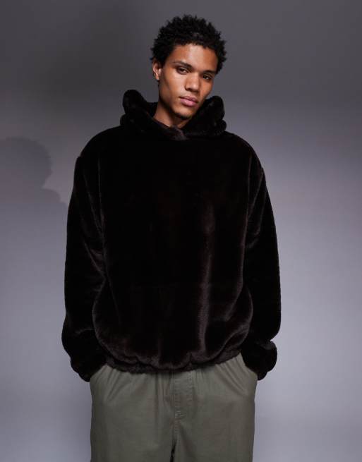 ASOS DESIGN oversized faux fur hoodie with side entry pockets in brown