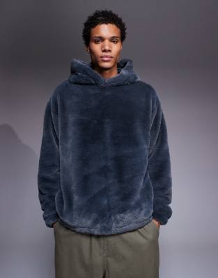 Asos Design Oversized Faux Fur Hoodie With Side Entry Pockets In Blue