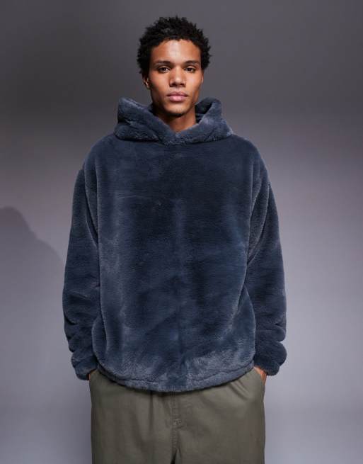 ASOS DESIGN oversized faux fur hoodie with side entry pockets in gray