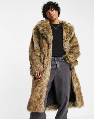 ASOS DESIGN oversized faux fur overcoat in brown