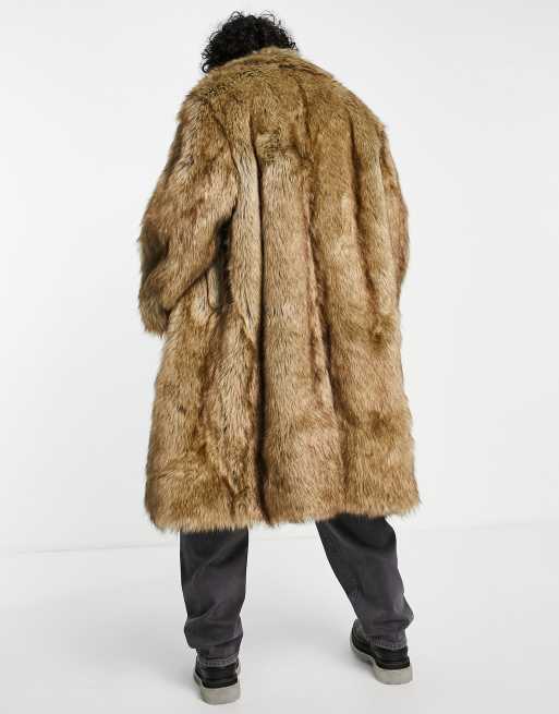 ASOS DESIGN oversized faux fur overcoat in brown, 3 of 4