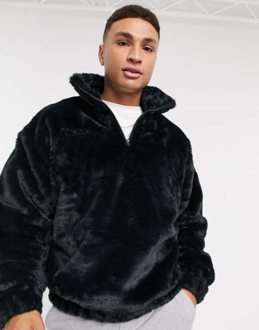 ASOS Oversized Faux Fur Hoodie in Black for Men