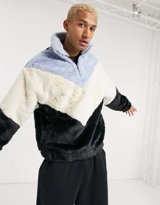 ASOS DESIGN oversized faux fur sweatshirt with high neck half zip in color blocking black cream blue