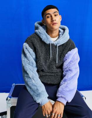 Asos Design Oversized Faux Fur Teddy Fleece Hoodie In Color Block multi ModeSens