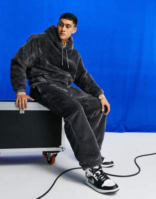 ASOS DESIGN oversized faux-fur trackies in black (Part of a co-ord)