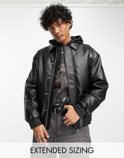 ASOS DESIGN faux leather oversized bomber jacket in black