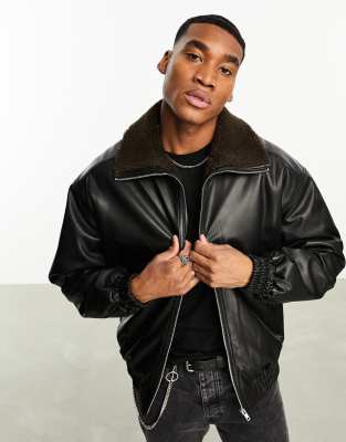 ASOS DESIGN oversized faux leather bomber jacket in brown with borg lining - ASOS Price Checker