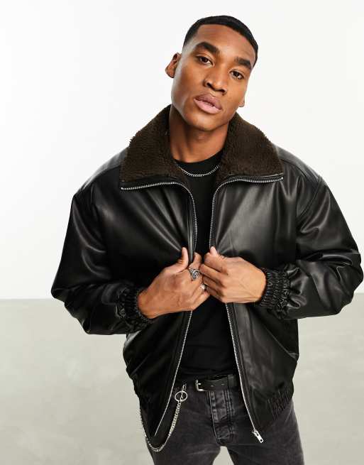 ASOS DESIGN oversized faux leather bomber jacket in brown with borg lining