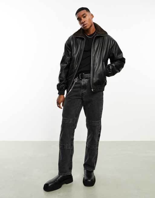 ASOS Oversized Real Leather Bomber Jacket in Black for Men