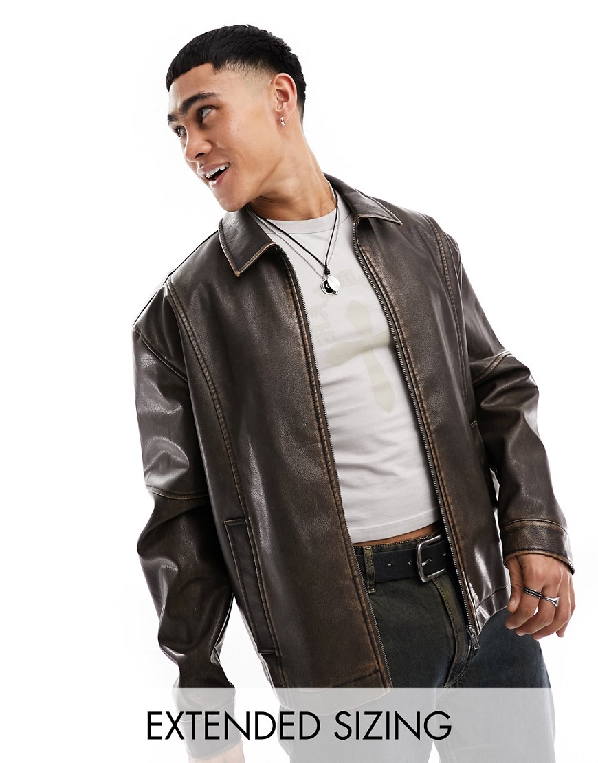 Asos Design Oversized Faux Leather Bomber Jacket In Brown