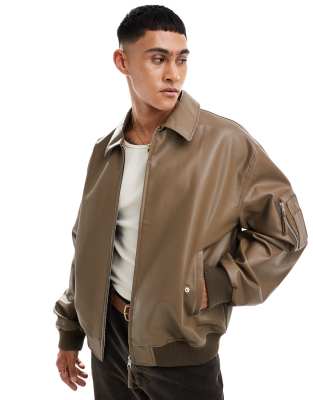 Asos Design Oversized Faux Leather Bomber Jacket In Brown