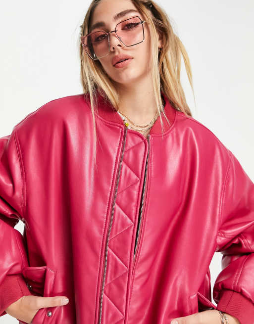 ASOS DESIGN oversized faux leather bomber jacket in pink