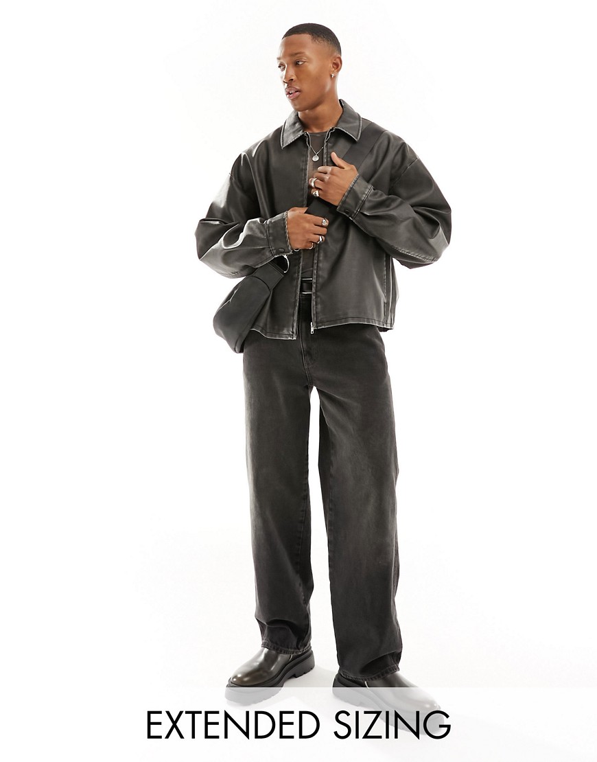 ASOS DESIGN oversized faux leather coach jacket in black wash