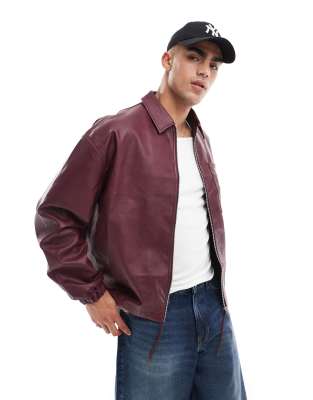 Asos Design Oversized Faux Leather Coach Jacket With Elastic Hem In Burgundy-red