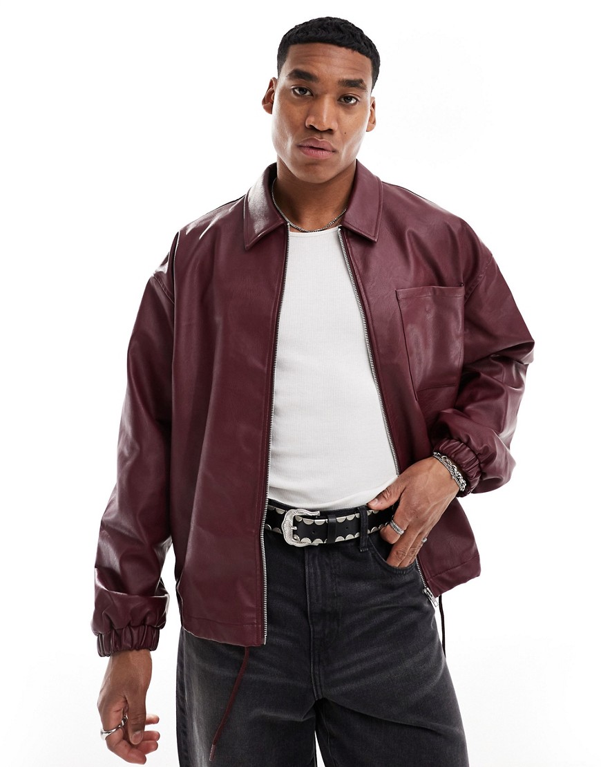oversized faux leather coach jacket with elastic hem in burgundy-Red