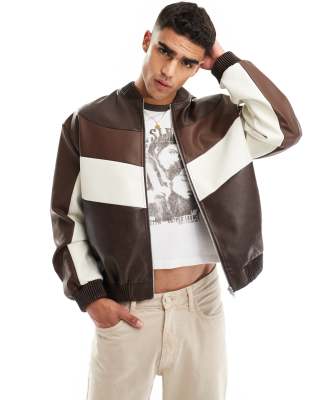 Asos Design Oversized Faux Leather Cut And Sew Bomber Jacket In Brown