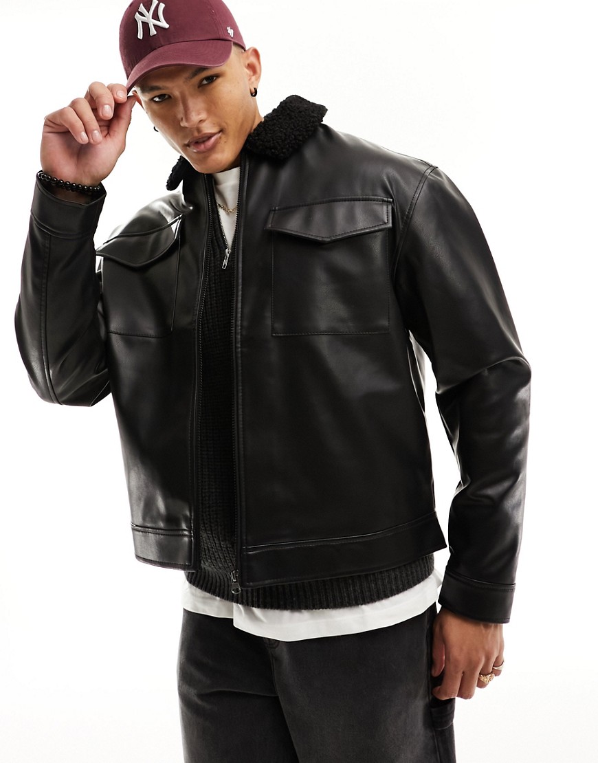 Asos Design Oversized Faux Leather Bomber Jacket In Brown With Borg Lining-black