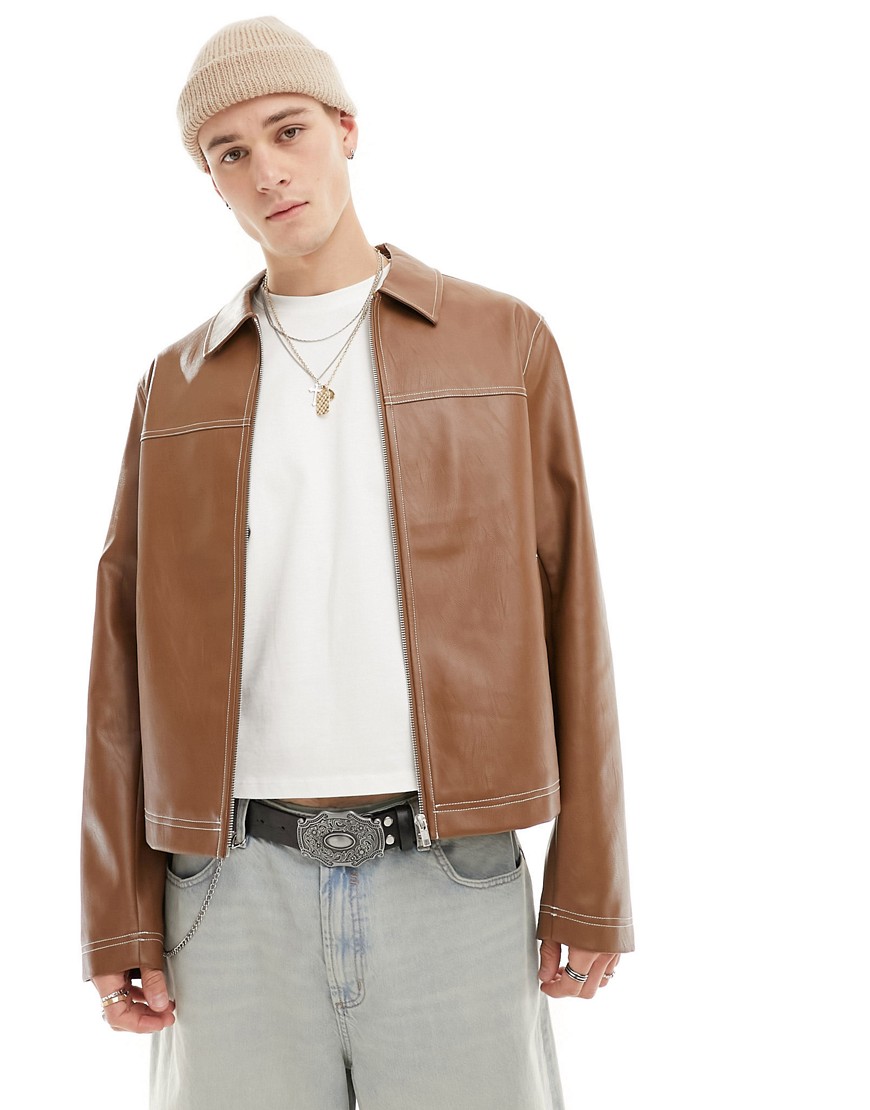 oversized faux leather harrington jacket in brown