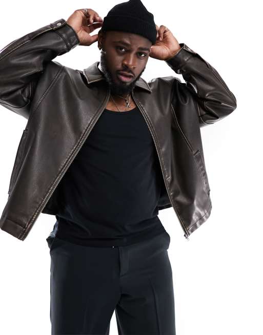 ASOS DESIGN oversized faux leather harrington jacket in brown