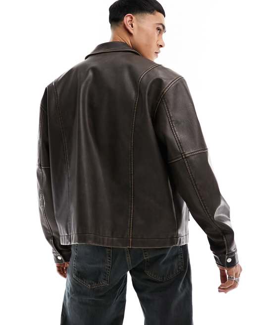 ASOS DESIGN oversized faux leather harrington jacket in brown