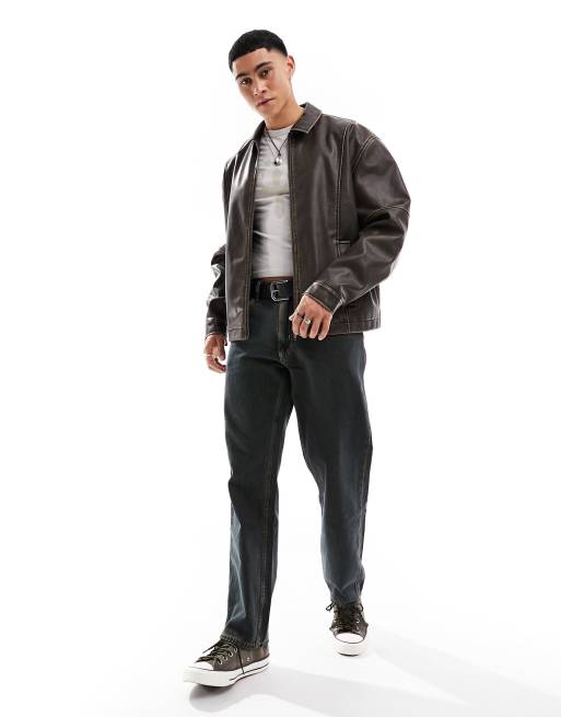 ASOS DESIGN oversized faux leather harrington jacket in brown
