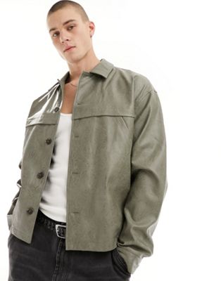 ASOS DESIGN oversized faux leather harrington jacket in khaki