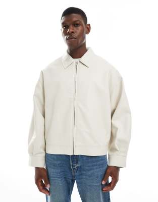 Asos Design Oversized Faux Leather Harrington Jacket In Neutral