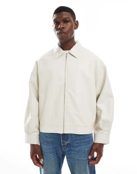 ASOS DESIGN oversized faux leather harrington jacket in stone - view 1