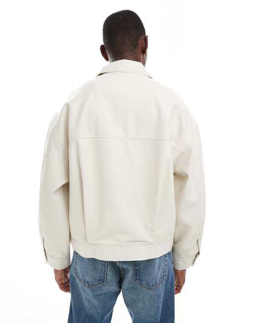 ASOS DESIGN oversized faux leather harrington jacket in stone