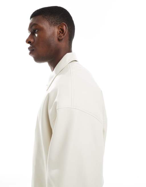 ASOS DESIGN oversized faux leather harrington jacket in stone