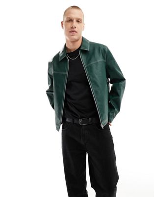 ASOS DESIGN oversized faux leather harrington jacket with contrast stitch in green
