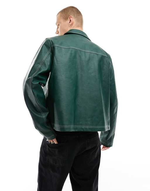 ASOS DESIGN oversized faux leather harrington jacket with contrast stitch in green ASOS