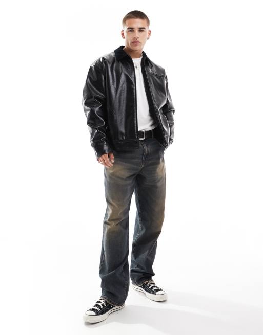 ASOS DESIGN oversized faux leather harrington jacket with cord collar in black, 2 of 4
