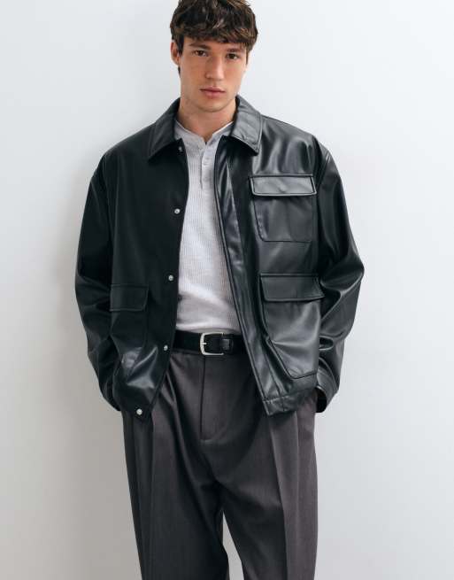 ASOS DESIGN oversized faux leather jacket in black, 4 of 5