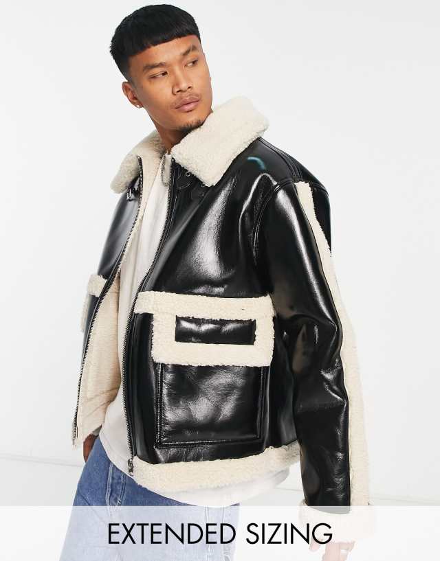 ASOS DESIGN - oversized faux leather jacket with faux shearling collar in black