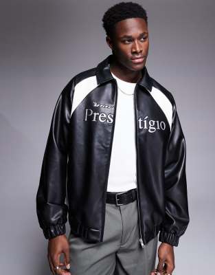 oversized faux leather motocross jacket in black