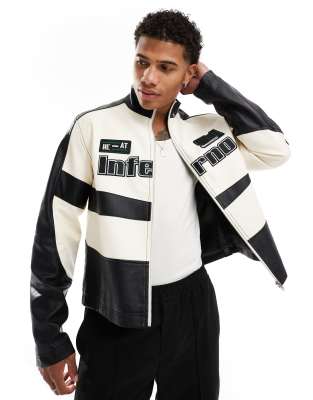 oversized faux leather motocross jacket in monochrome-Black