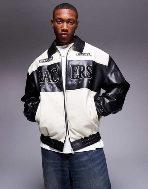 ASOS DESIGN oversized faux leather motocross jacket in monochrome - view 1